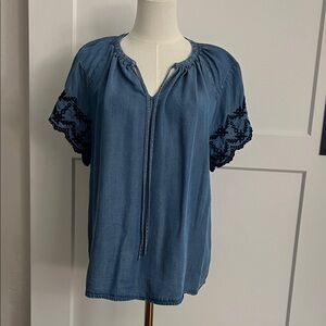 Nanette Lepore Denim Blue Blouse with Black Embroidery